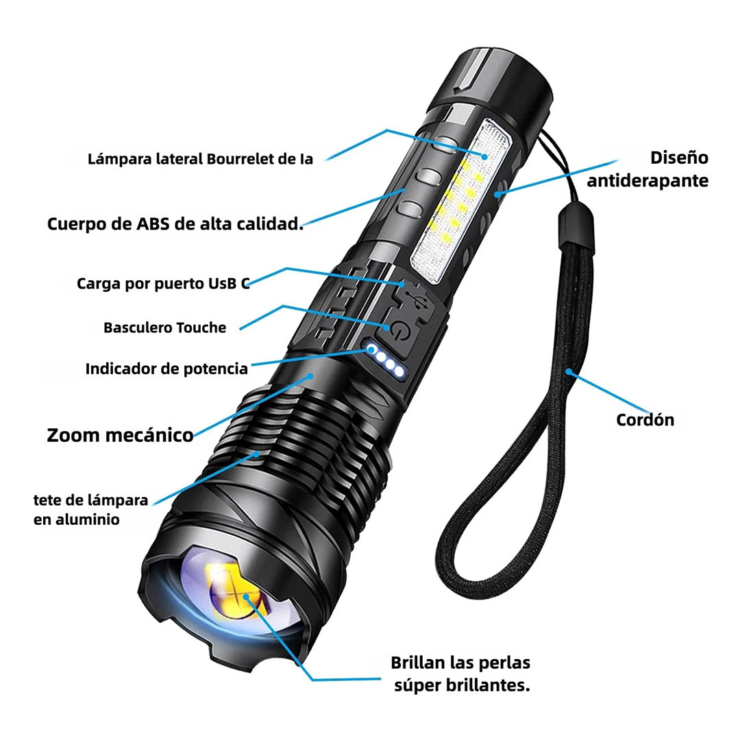 Linterna LED Táctica de Alta Potencia - Recargable USB, Impermeable IPX4, Ajuste de Zoom, 20,000 Lúmenes - HE003