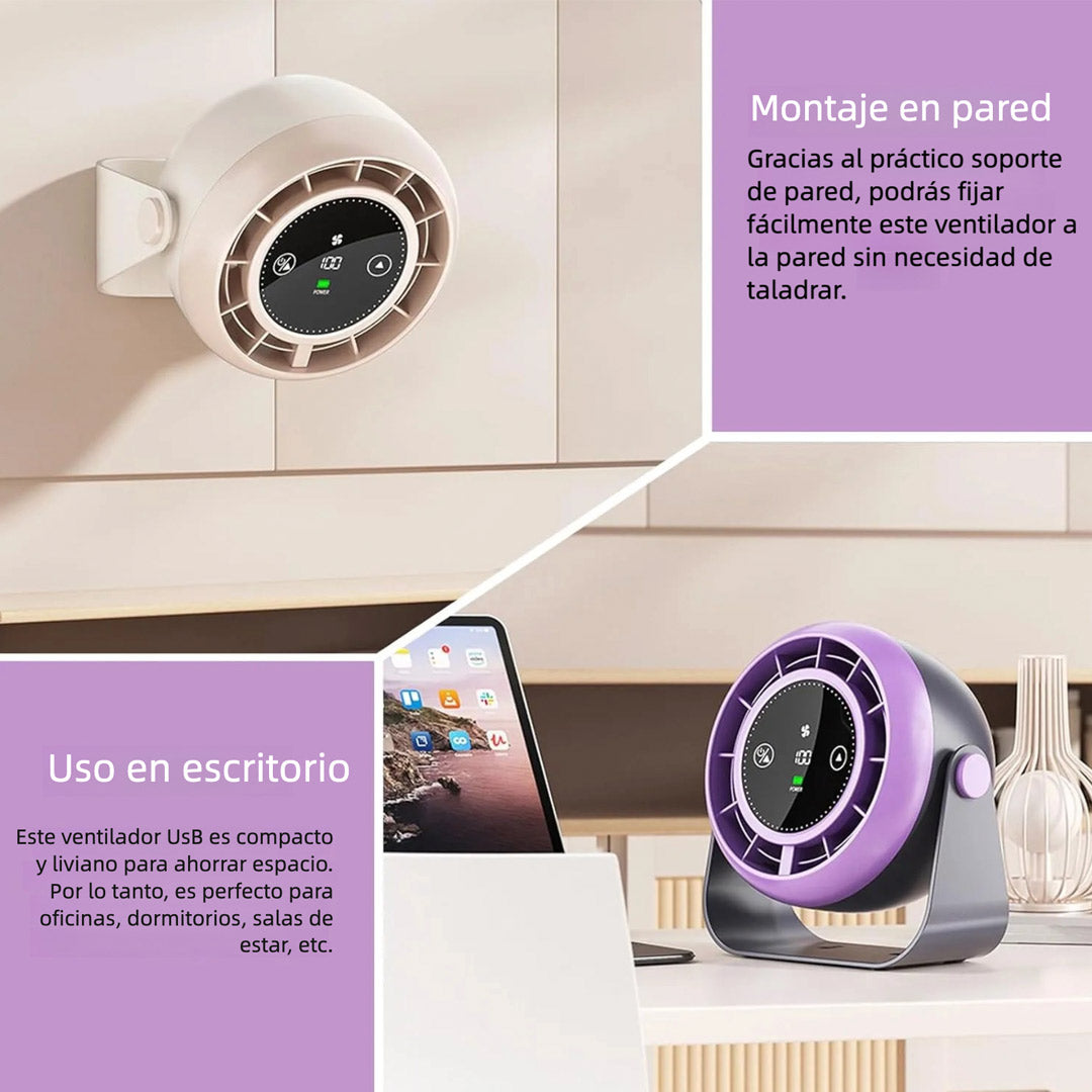 Ventilador USB de Escritorio Recargable con Pantalla LED, Ventilador Silencioso de 100 Velocidades, Montaje en Pared y Control Táctil, Ventilador Portátil para Oficina, Cocina, Viaje y Camping - VM005