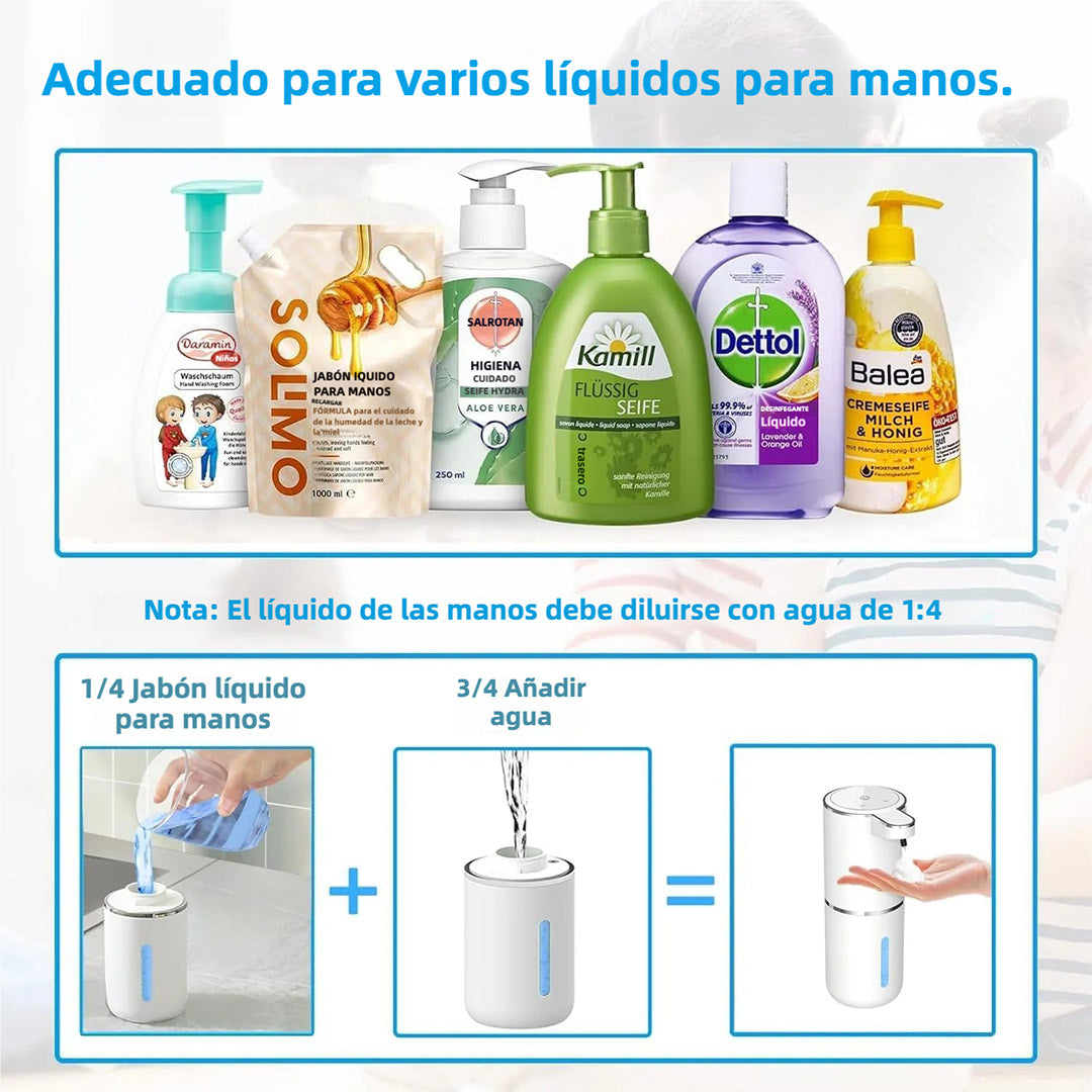 Dispensador Automático de Jabón – Dispensador de Jabón Espumoso Sin Contacto de 400ml, Recargable por USB, Montaje en Pared, 4 Niveles de Ajuste de Espuma para Baño y Cocina – AH007