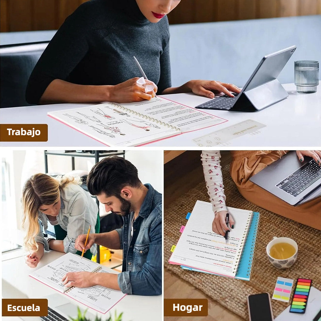 Cuaderno de Espiral A4 – 8.5” x 11”, Tapa Dura Plástica, 100 GSM, 110 Páginas, Regla Extraíble, Bolsillo Expandible, Ideal para Notas, Escuela, Trabajo y Oficina – JC006