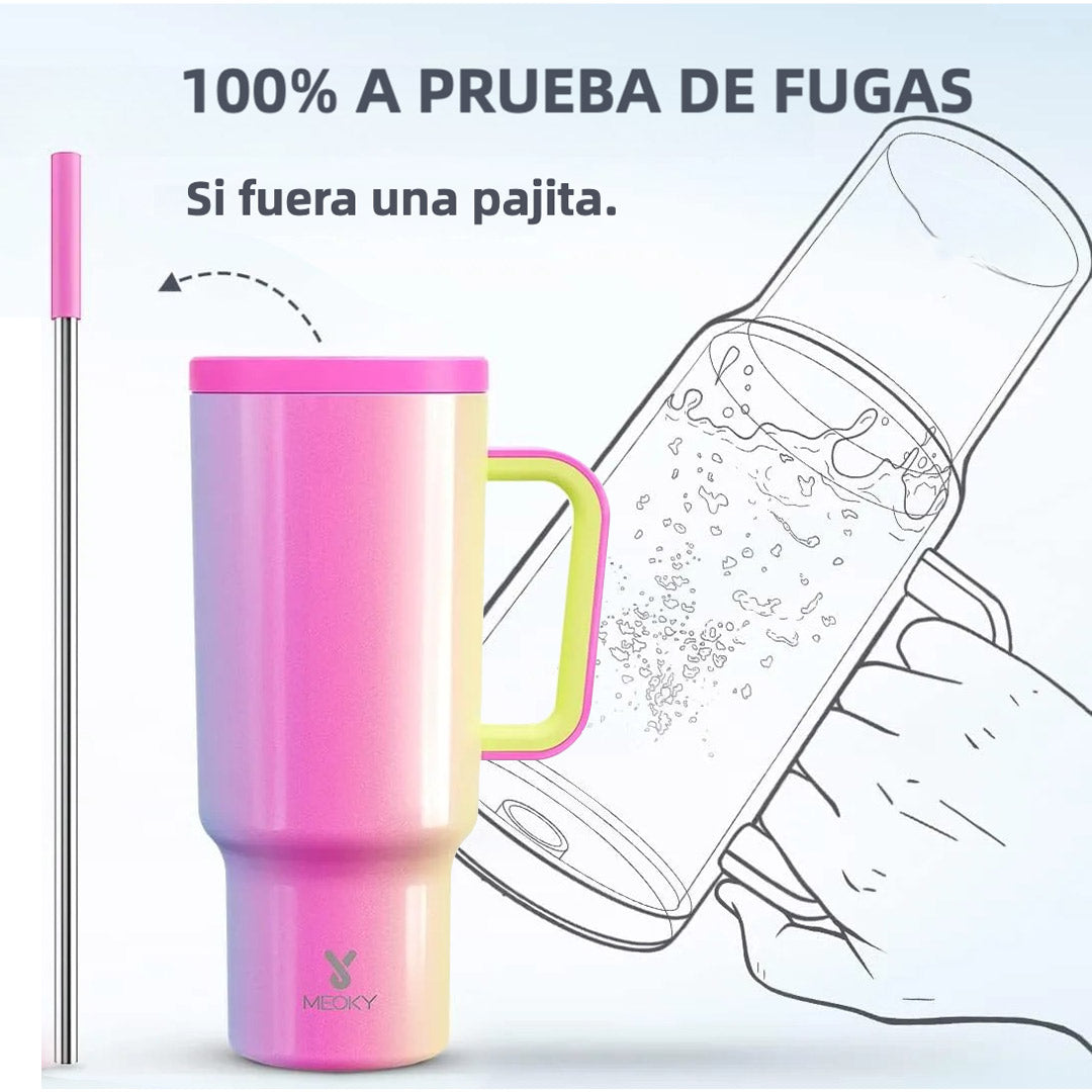 Vaso Térmico de 40oz con Asa, Tapa Antiderrames y Popote, Taza de Café de Acero Inoxidable para Viajes, Mantiene Bebidas Frías por 34 Horas y Calientes por 10 Horas AH014