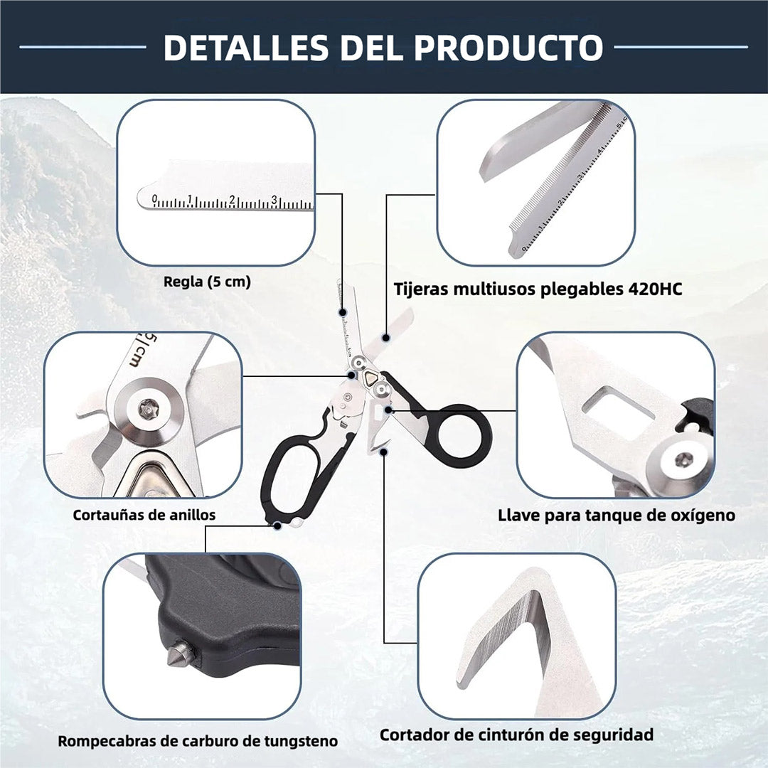 Tijeras de Emergencia 6 en 1 Plegables para Camping y Herramientas de Rescate con Cortador y Rompevidrios - Herramienta Multifuncional para Primeros Auxilios, Incluye Estuche de Piel - HM004