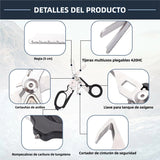 Tijeras de Emergencia 6 en 1 Plegables para Camping y Herramientas de Rescate con Cortador y Rompevidrios - Herramienta Multifuncional para Primeros Auxilios, Incluye Estuche de Piel - HM004