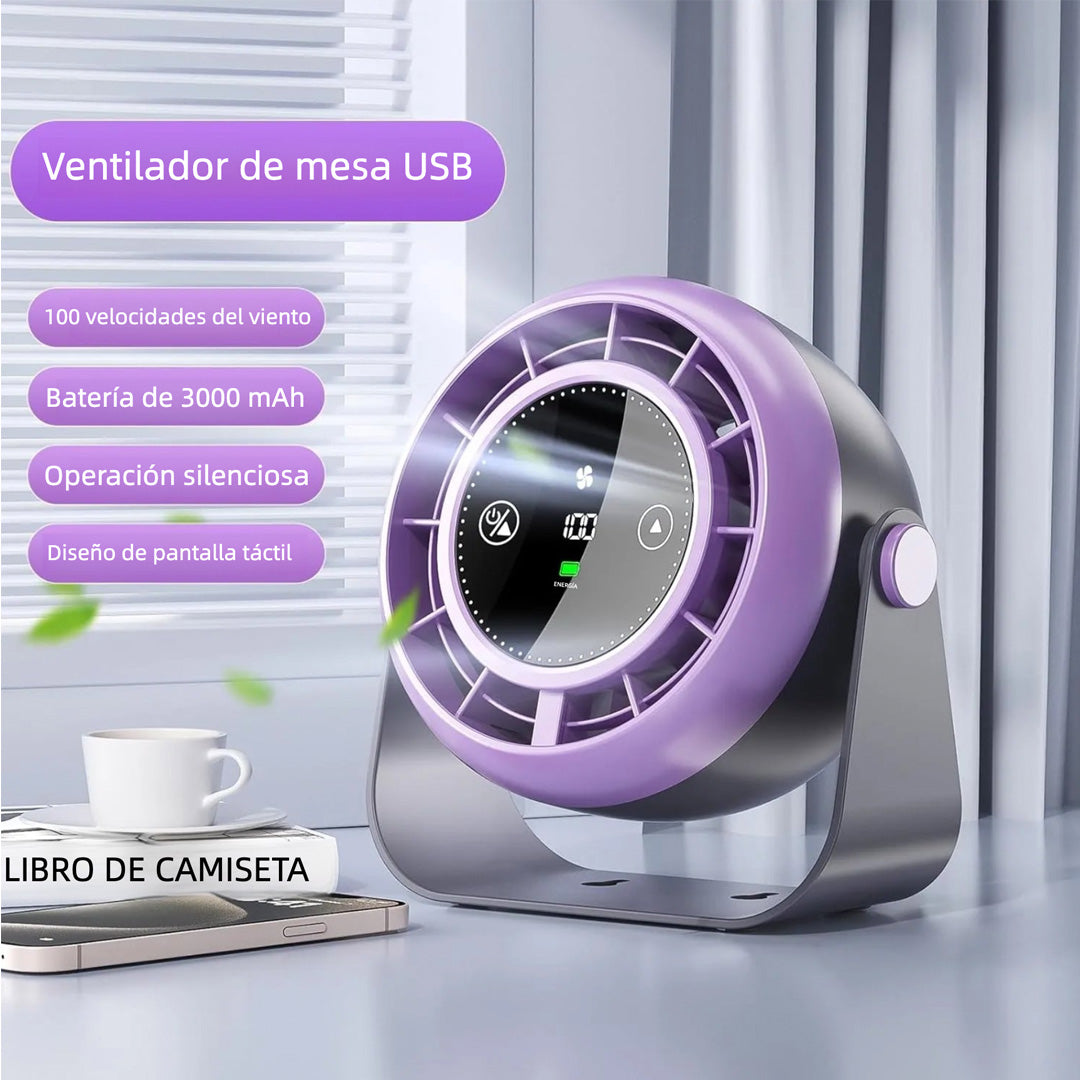 Ventilador USB de Escritorio Recargable con Pantalla LED, Ventilador Silencioso de 100 Velocidades, Montaje en Pared y Control Táctil, Ventilador Portátil para Oficina, Cocina, Viaje y Camping - VM005