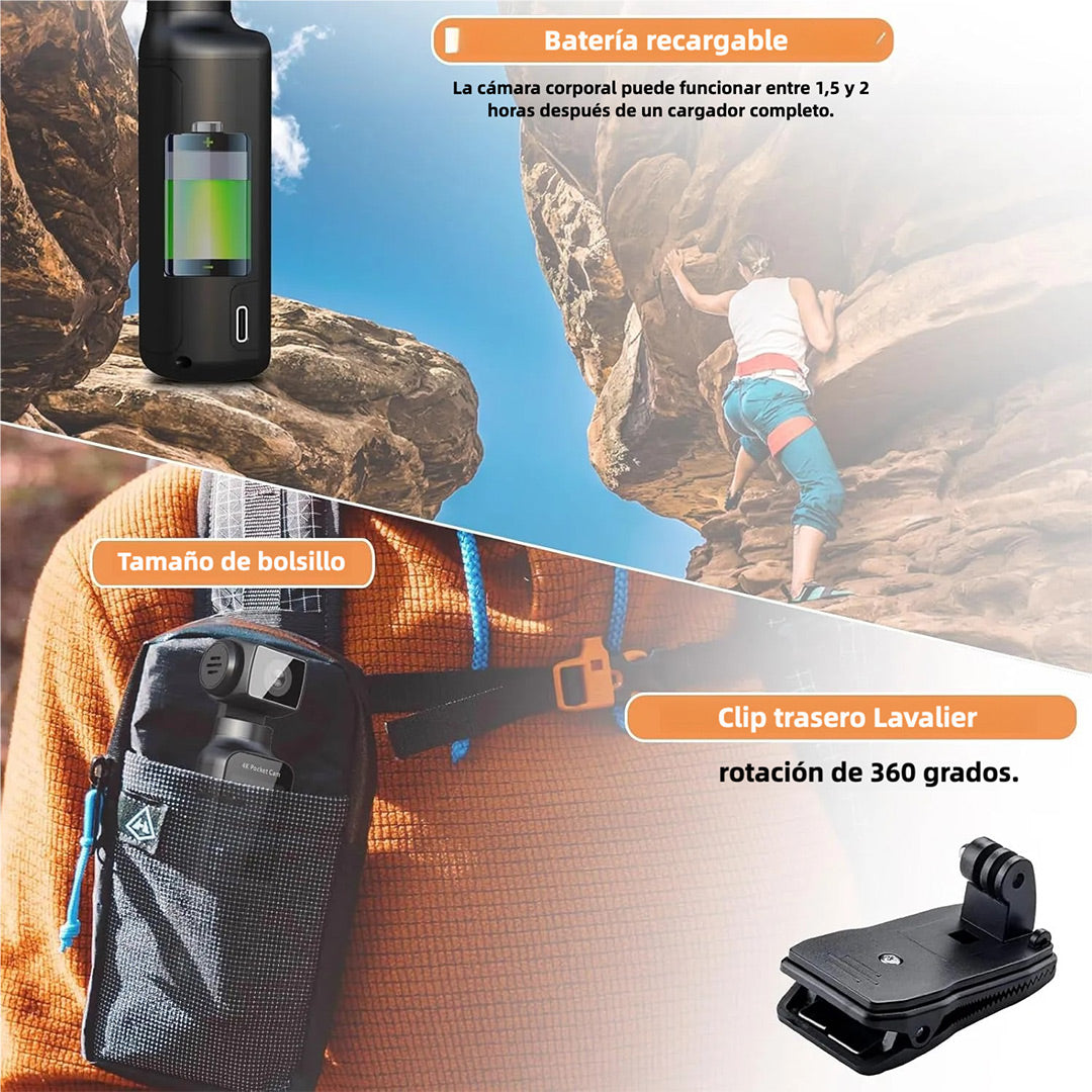 Cámara Corporal 4K con Micrófono Externo y Rotación de 270° - Cámara Compacta para Actividades al Aire Libre y Uso Personal – CC011