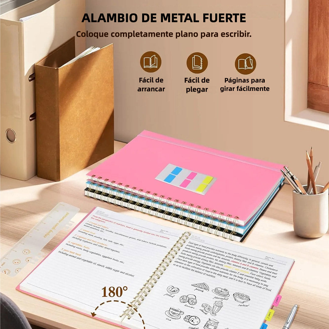 Cuaderno de Espiral A4 – 8.5” x 11”, Tapa Dura Plástica, 100 GSM, 110 Páginas, Regla Extraíble, Bolsillo Expandible, Ideal para Notas, Escuela, Trabajo y Oficina – JC006