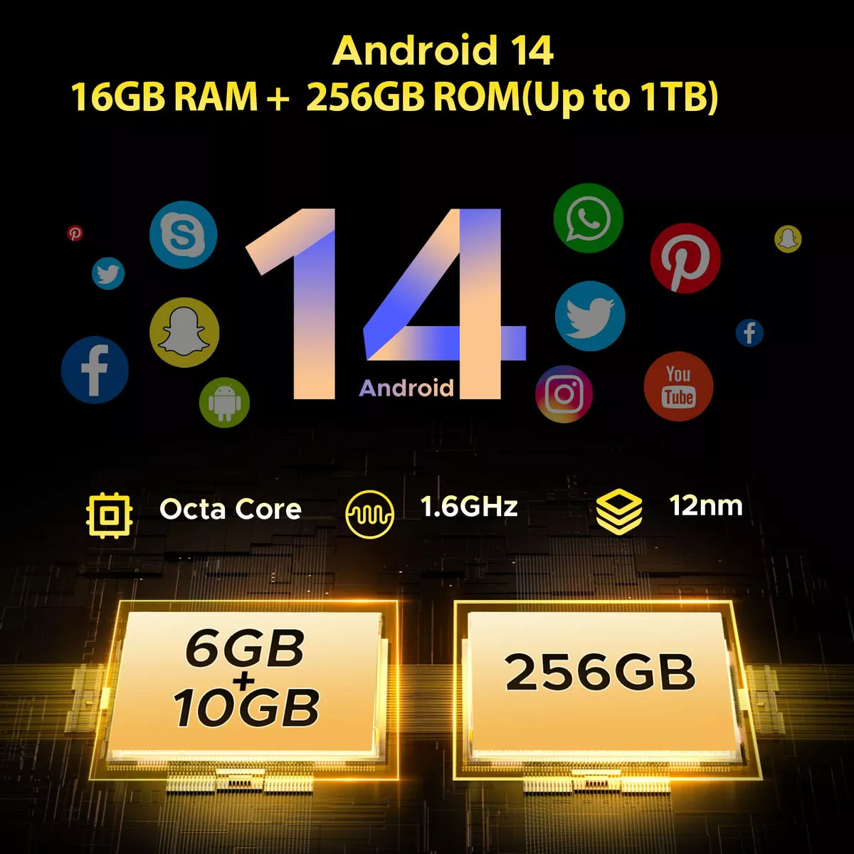Teléfono inteligente Rugged Dual SIM, 6.58" FHD+ Android 14, 16GB RAM + 256GB ROM, Batería 10800mAh, Cámara AI 50MP + 16MP, NFC y Carga Rápida de 33W -SP002 - Yesmart