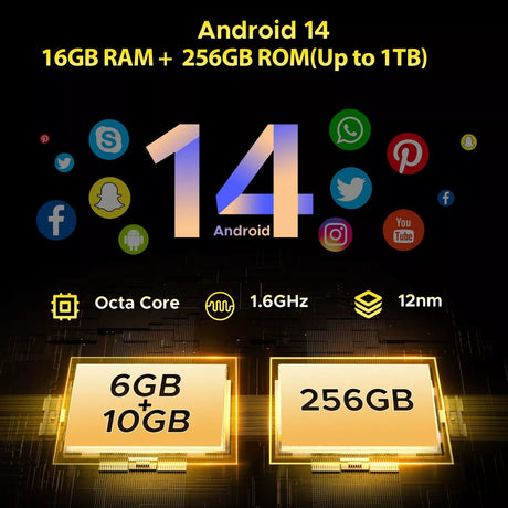 Teléfono inteligente Rugged Dual SIM, 6.58" FHD+ Android 14, 16GB RAM + 256GB ROM, Batería 10800mAh, Cámara AI 50MP + 16MP, NFC y Carga Rápida de 33W -SP002 - Yesmart