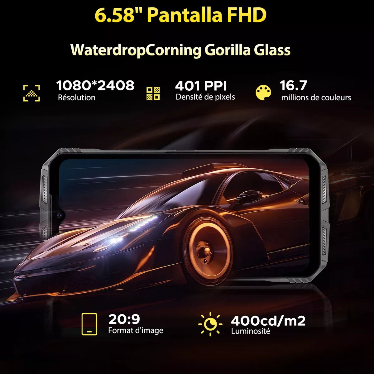 Teléfono inteligente Rugged Dual SIM, 6.58" FHD+ Android 14, 16GB RAM + 256GB ROM, Batería 10800mAh, Cámara AI 50MP + 16MP, NFC y Carga Rápida de 33W -SP002 - Yesmart