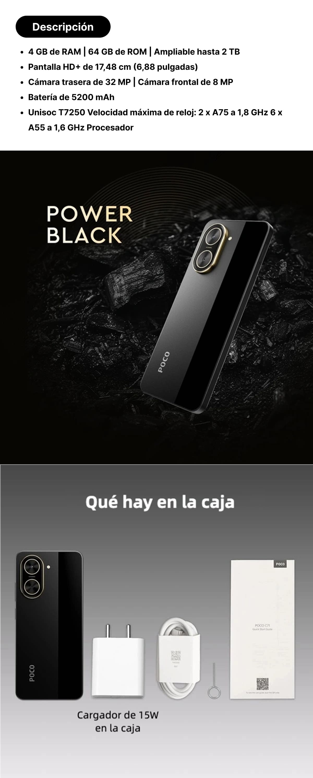 Smartphone POCO C71 con pantalla de 6.88 pulgadas, cámara de 32MP, batería de 5200mAh, Android 15 y procesador Octa-Core