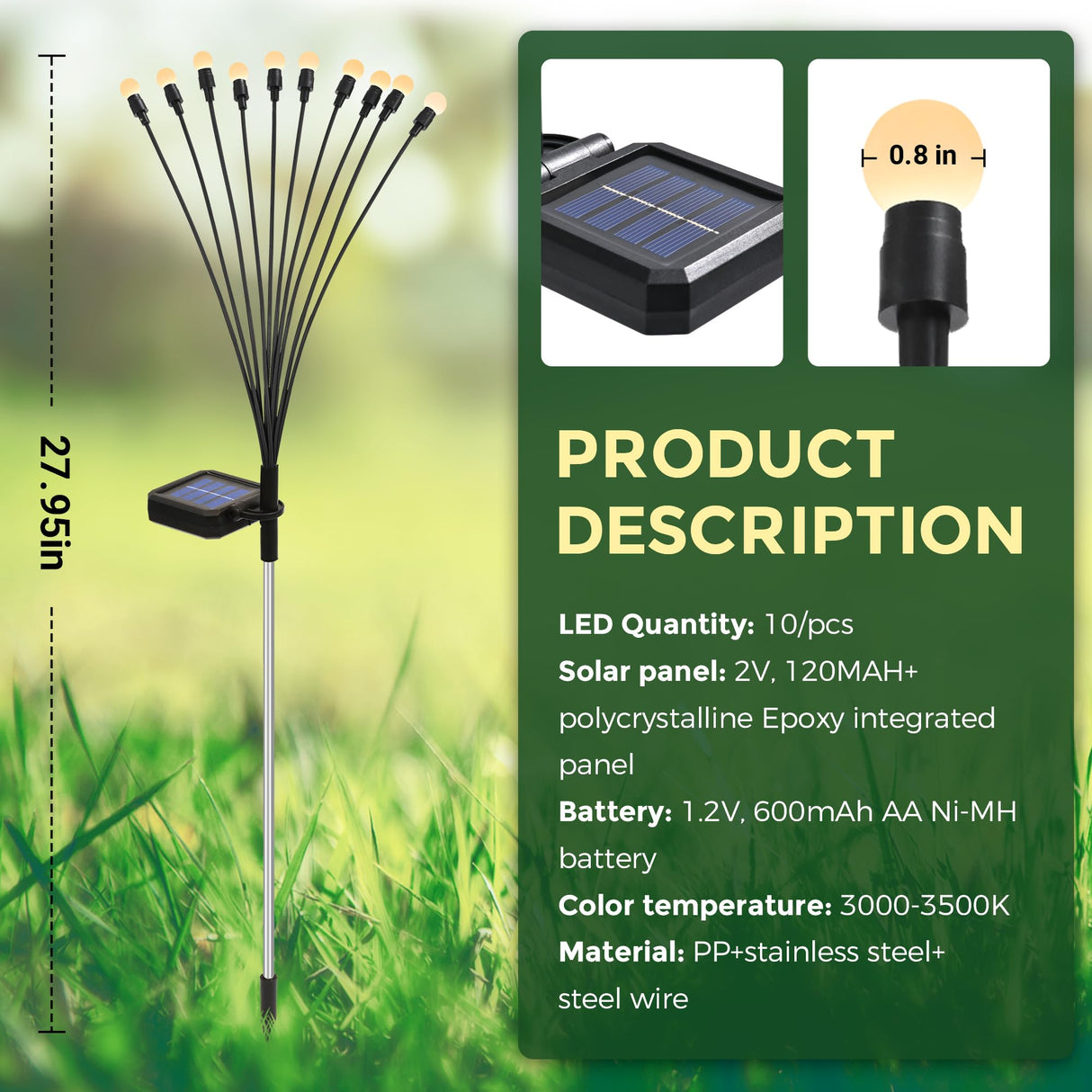 Luces de Jardín Solar con 20 LEDs, Luces Solares para Exteriores, Luces de Luciérnagas para Decoración de Navidad, Patio, Camino y Jardín, Resistente al Agua – JP003